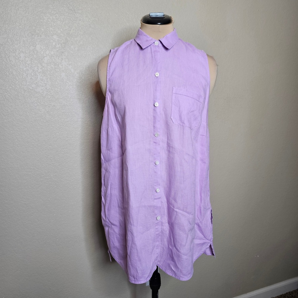 J. Jill 100% Linen Purple Sleeveless Button Down Tunic Top Small Lavender Pocket